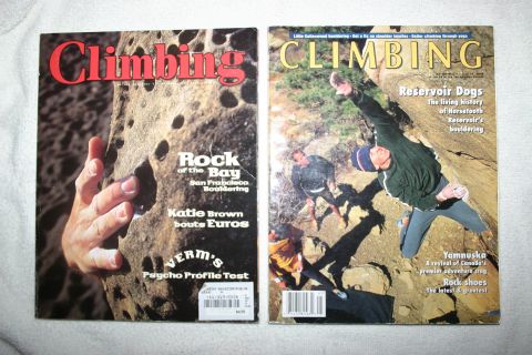 2003 Jeep TJ - Two issues of Climbing magazine are displayed, one focusing on rock climbing and the other on bouldering.