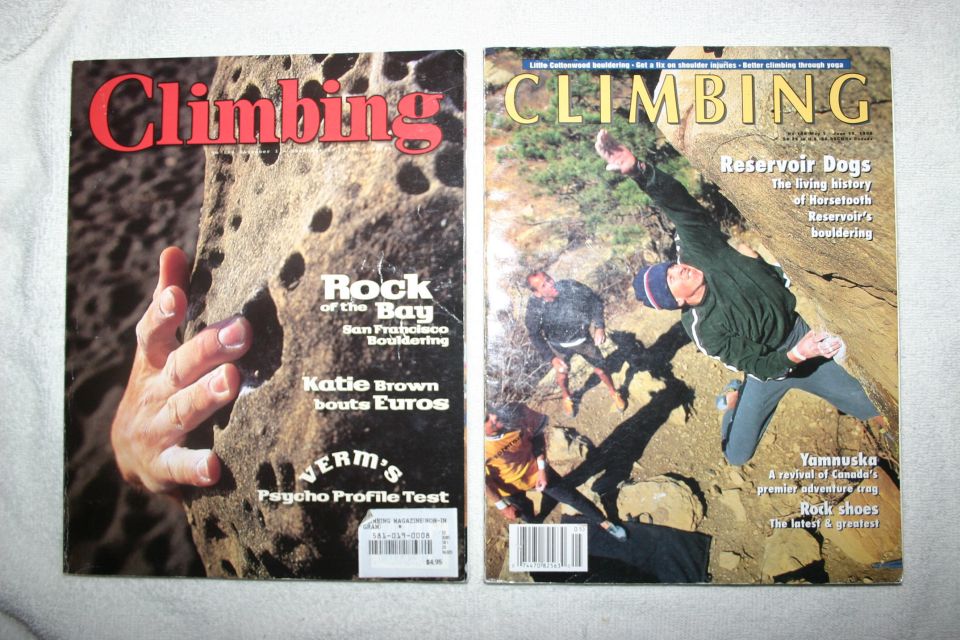 Two Climbing magazine covers laid on a white surface