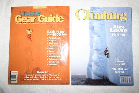 2003 Jeep TJ - Two magazines are shown, one is the "Climbing Gear Guide" from 1997, and the other is "Climbing" Alex Lowe.