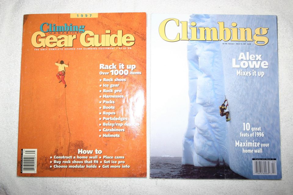 Climbing Gear Guide and Climbing magazine covers laid out