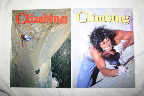 2003 Jeep TJ - Two issues of 'Climbing' magazine are displayed side-by-side, different climbing scenes and subjects.
