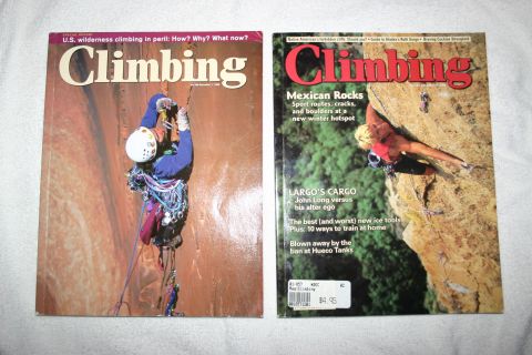 2003 Jeep TJ - Two issues of Climbing magazine are displayed, articles and images related to rock climbing.