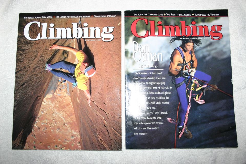 Two Climbing magazine covers, one featuring climber Dan Osman