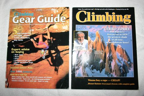 2003 Jeep TJ - The 1999 Climbing Gear Guide magazine features a climber on a rock face and expert advice on buying gear.
