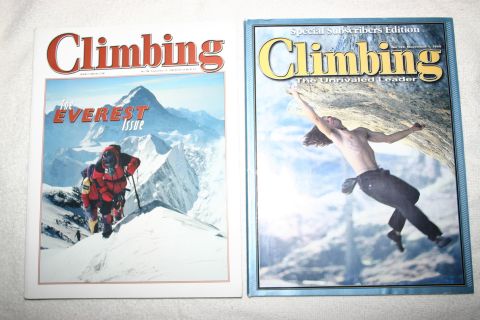 2003 Jeep TJ - Two issues of Climbing magazine are displayed, one the "Everest Issue" and the other a climber scaling a rock face.