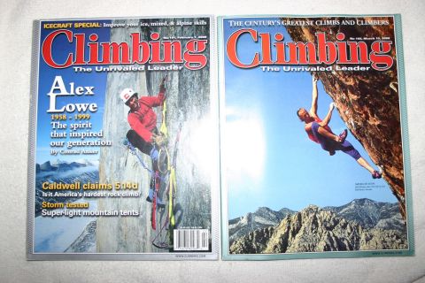 2003 Jeep TJ - Two issues of Climbing magazine are displayed, one from February 1999 and another from March 2000.