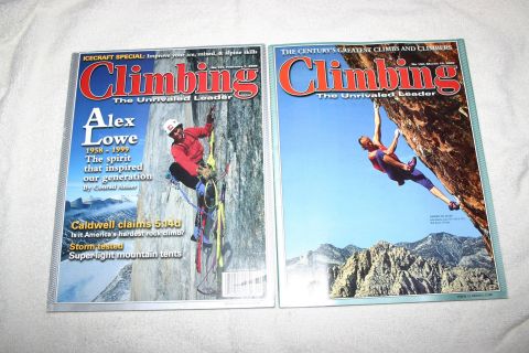 2003 Jeep TJ - Two issues of Climbing magazine are displayed, one with a feature on Alex Lowe and the other showing a climber scaling a rock.