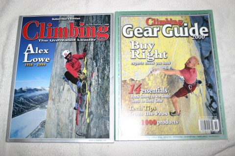 2003 Jeep TJ - Two magazines are displayed, one titled 'Climbing' Alex Lowe, and the other 'Climbing Gear Guide 2000'.