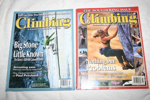 2003 Jeep TJ - Two issues of Climbing magazine are displayed side-by-side, different cover stories and photography.