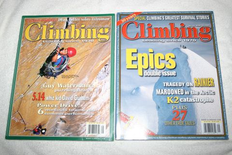 2003 Jeep TJ - Two issues of Climbing magazine are displayed side-by-side, different cover stories and photography.