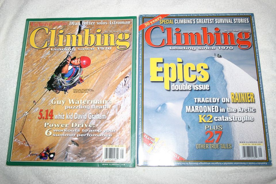 Two Climbing magazine covers, one an Epics double issue