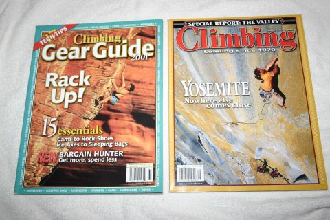 2003 Jeep TJ - Two magazines are displayed, one focused on gear and the other on Yosemite climbing.