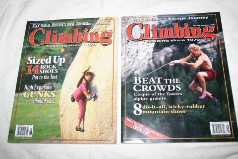 2003 Jeep TJ - Two issues of Climbing magazine are displayed, one from May 2001 and another with a climber on a rock face.