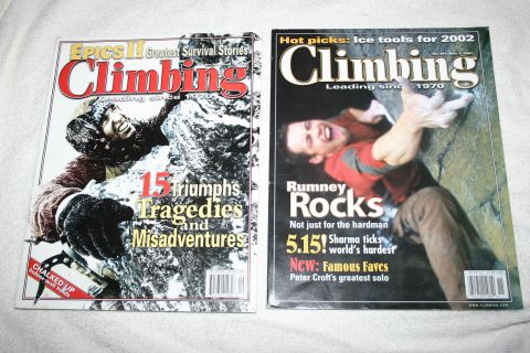 2003 Jeep TJ - Two issues of Climbing magazine are shown, one survival stories and the other focusing on rock climbing.