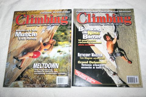 2003 Jeep TJ - Two issues of Climbing magazine are displayed, each a different rock climber on a cliff face.