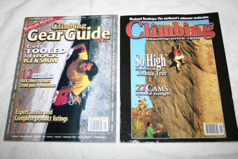 2003 Jeep TJ - Climbing Gear Guide 2002 and Climbing magazine covers rock climbers and Joshua Tree scenery.
