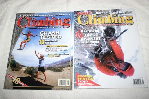 2003 Jeep TJ - Two issues of Climbing magazine are displayed, different extreme sports photography and articles.