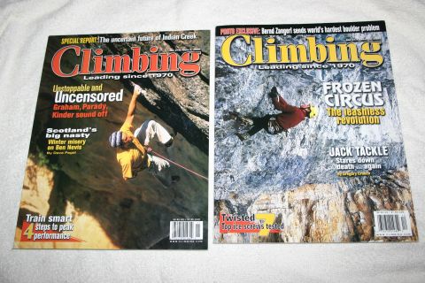 2003 Jeep TJ - Two issues of Climbing magazine are displayed, each a climber on a rock face.
