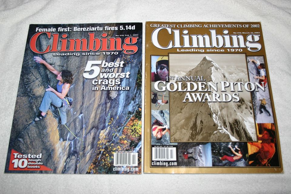 Two Climbing magazine covers including 5 best/worst crags and Golden Piton Awards