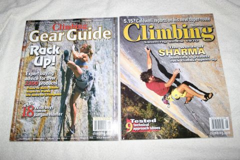 2003 Jeep TJ - Two magazines about climbing are displayed, one is a gear guide from 2003.