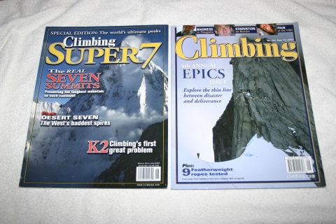 2003 Jeep TJ - Two magazines about climbing are displayed side-by-side on a white surface.