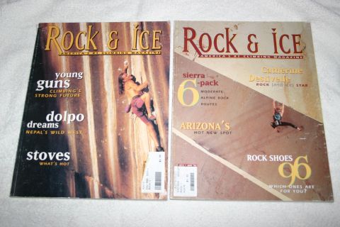 2003 Jeep TJ - Two issues of Rock & Ice magazine are displayed, articles on climbing and rock shoes.