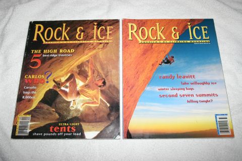 2003 Jeep TJ - Two issues of Rock & Ice magazine are displayed, one with a climber in a cave and the other with a climber on a cliff face.