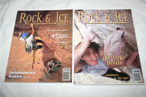 2003 Jeep TJ - Two issues of Rock & Ice magazine are displayed, climbing photography and articles.