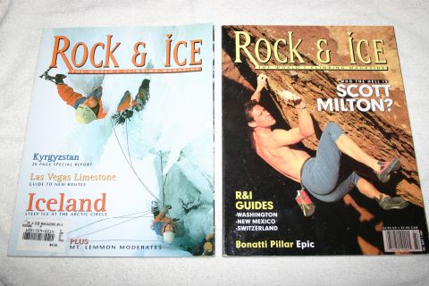 2003 Jeep TJ - Two issues of Rock & Ice magazine are displayed, one focusing on ice climbing adventures and the other on Scott Milton's climbing exploits.