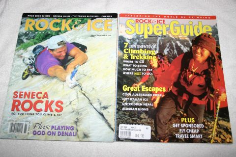 2003 Jeep TJ - Two "Rock & Ice" magazines are displayed side-by-side, climbing-related content.