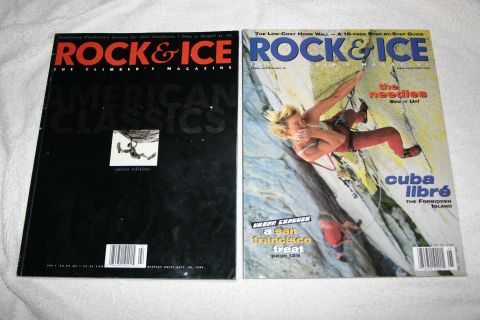 2003 Jeep TJ - Two issues of Rock & Ice magazine are displayed side-by-side on a white surface.