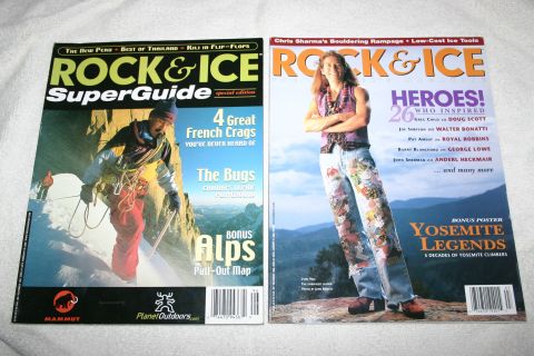 2003 Jeep TJ - Two issues of Rock & Ice magazine are displayed side-by-side, different cover stories and photography.