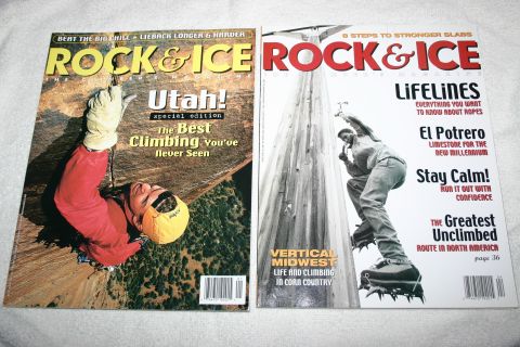 2003 Jeep TJ - Two issues of Rock & Ice magazine are displayed, climbing photography and articles.