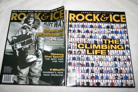 2003 Jeep TJ - Two magazines, Rock & Ice and The Climber's Magazine, are displayed side-by-side.