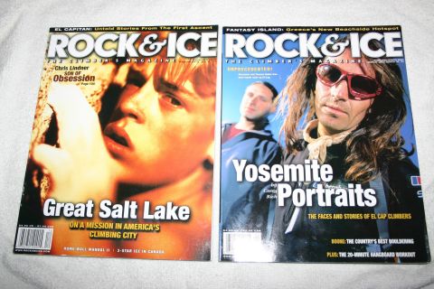 2003 Jeep TJ - Two issues of Rock & Ice magazine are displayed, different climbing-related articles and photography.