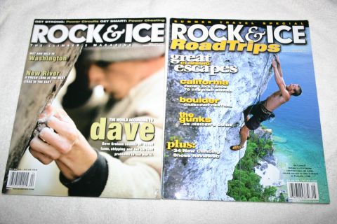 2003 Jeep TJ - Two "Rock & Ice" magazines are displayed, one a climber scaling a cliff face and the other showing a close-up of a climber's hands.