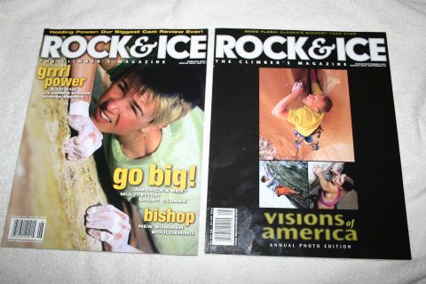 2003 Jeep TJ - Two issues of Rock & Ice magazine are displayed, different cover art and articles related to climbing.