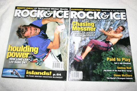 2003 Jeep TJ - Two issues of Rock & Ice magazine are displayed, articles on climbing and adventure.