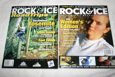 2003 Jeep TJ - Two magazines are displayed side-by-side, one focusing on climbing and road trips, the other on women in climbing.