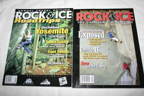 2003 Jeep TJ - Two issues of Rock & Ice magazine are displayed side-by-side, climbing photography and articles.