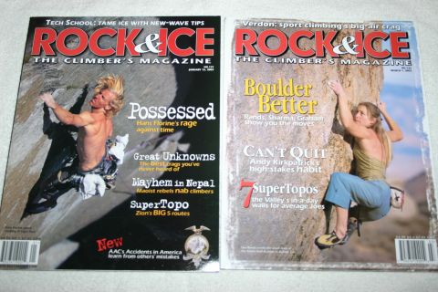 2003 Jeep TJ - Two issues of Rock & Ice magazine, the climber's magazine, are displayed side-by-side.