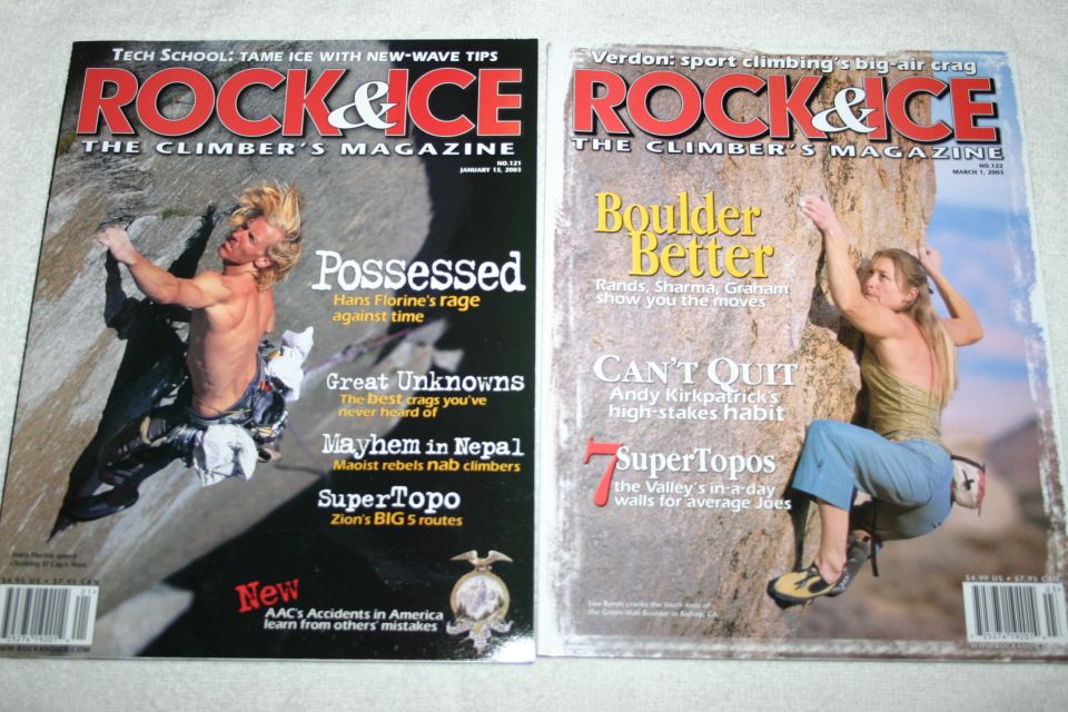 Two Rock & Ice covers: Possessed Hans Florine and Boulder Better