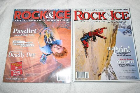 2003 Jeep TJ - Two issues of Rock & Ice magazine are displayed, one a climber in action and the other detailing a climb.