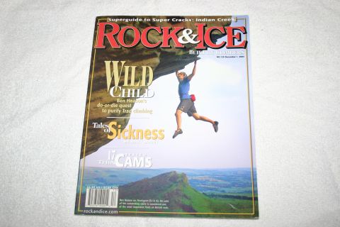 2003 Jeep TJ - Cover of Rock & Ice magazine with the headline 'Wild Child' and a climber mid-air.