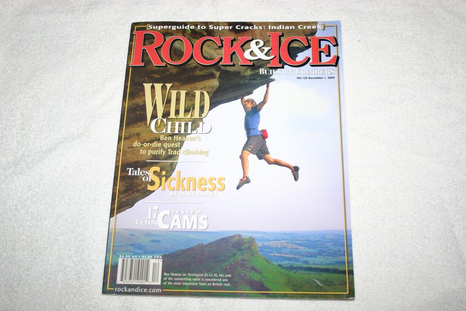 Single Rock & Ice magazine cover: Wild Child Ben Heason and thin cams