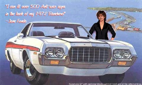 1971 Ford Ranchero - Jane Fonda poses with a 1972 Ford Ranchero GT, which is depicted with a red stripe and a bridge in the background.