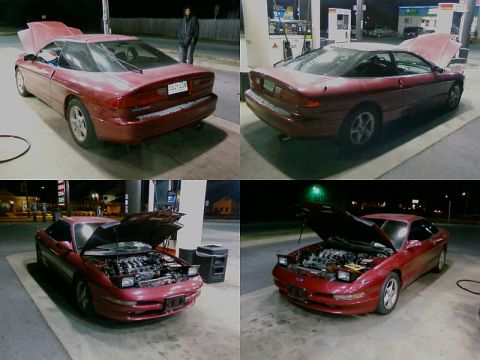 1993 Ford Probe - A red 1993 Ford Probe is shown from multiple angles at a gas station, with the hood open in some shots.