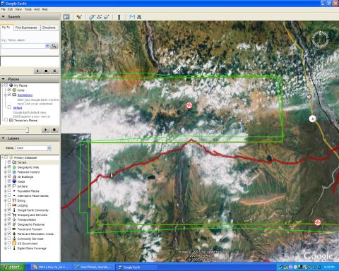 2003 Jeep TJ - Screenshot of Google Earth displaying a satellite map with overlaid green boxes and red lines.