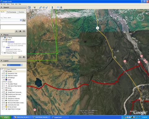 2003 Jeep TJ - This is a screenshot of Google Earth showing a landscape with roads and a body of water.