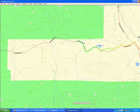 2003 Jeep TJ - This screenshot displays a topographical map with trails and lakes, not a vehicle.